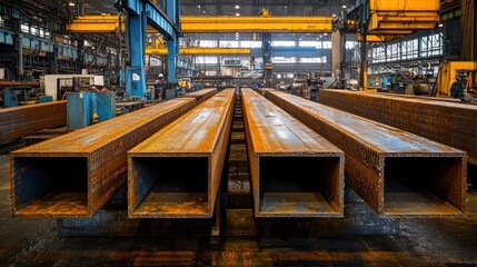 Rusty square steel tubes in factory.