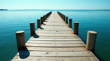 Obraz premium Wooden pier extending into tranquil blue water, a serene summer scene showcasing nature's peaceful beauty