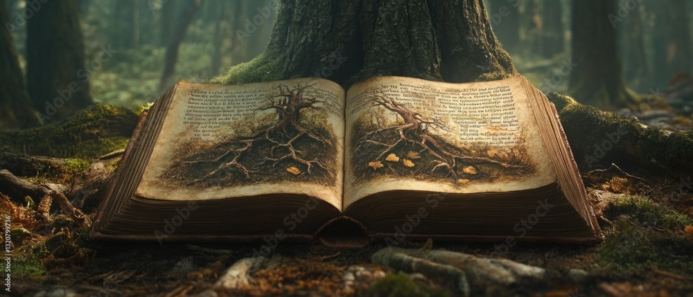 Poster an old book sits on the forest floor amidst ferns and trees