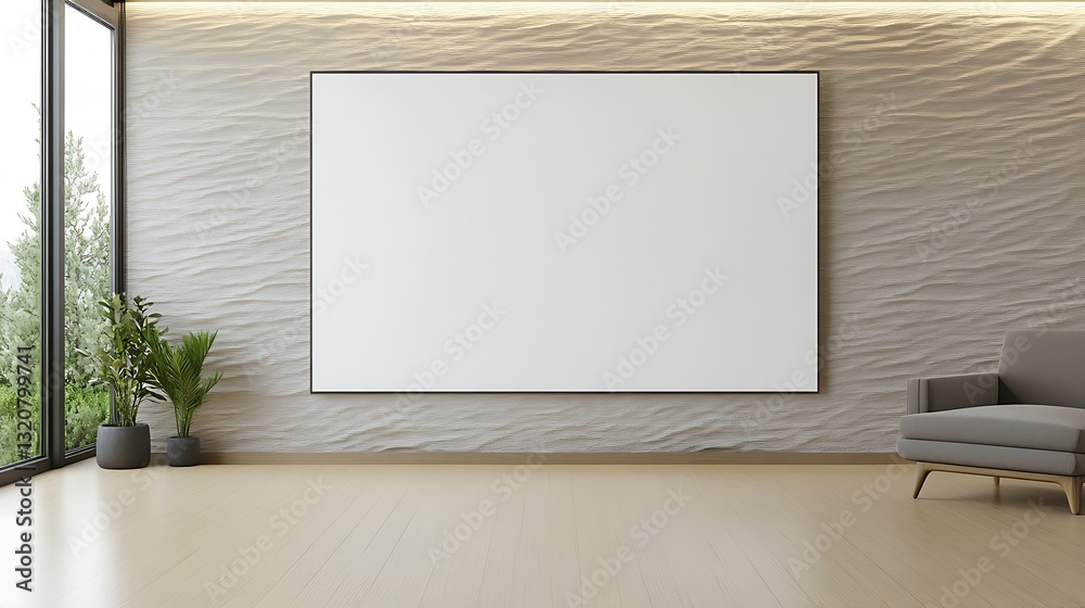 Poster minimalist interior featuring a large blank canvas on a textured wall with natural light and greener