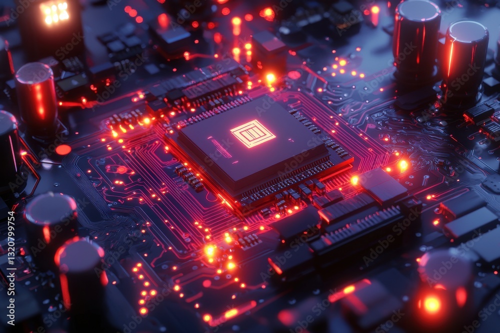 Poster illuminated computer circuit board with glowing red lights highlighting the intricate network of con