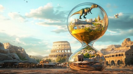 Chronicles of civilizations, intertwined epochs in a mesmerizing hourglass