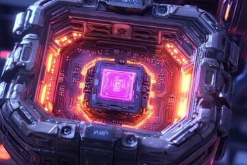 Obraz premium A futuristic AI core pulsating with vibrant pink energy, surrounded by intricate circuit patterns and advanced technology details for a cutting-edge design.