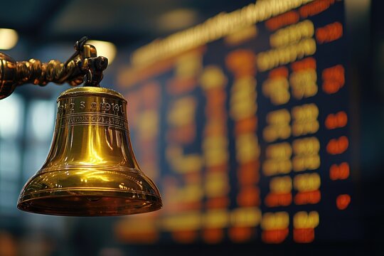 Golden bell in a financial exchange, blurred stock ticker background