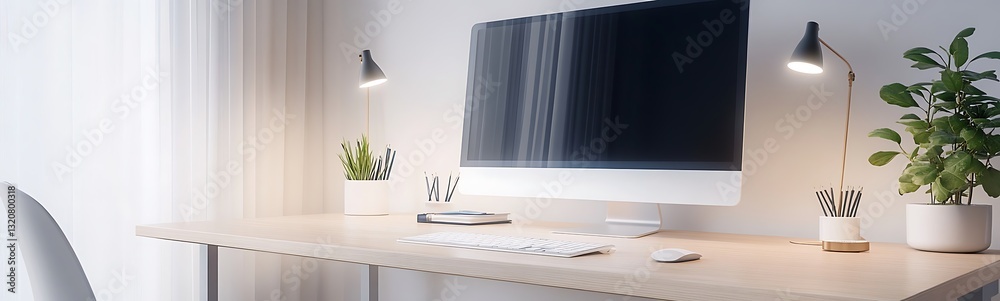 Poster modern workspace with a computer, plants, and minimalistic decor highlighting productivity and comfo