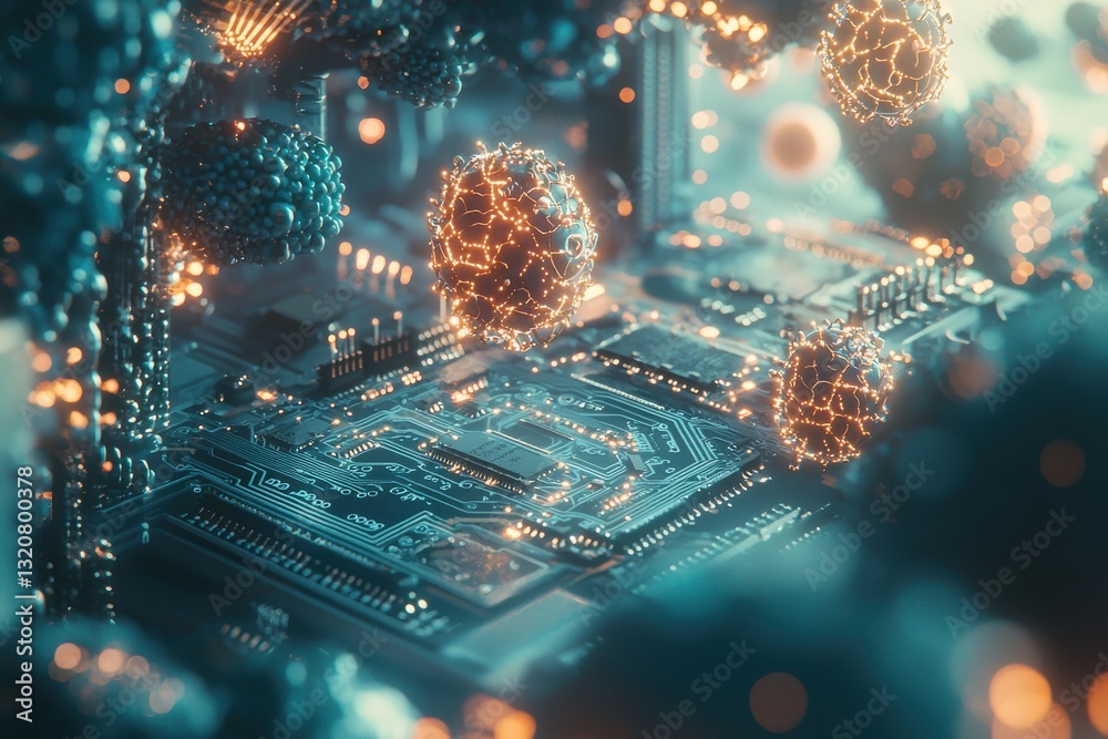 Poster a futuristic rendering of a glowing circuit board with interconnected nodes, representing artificial
