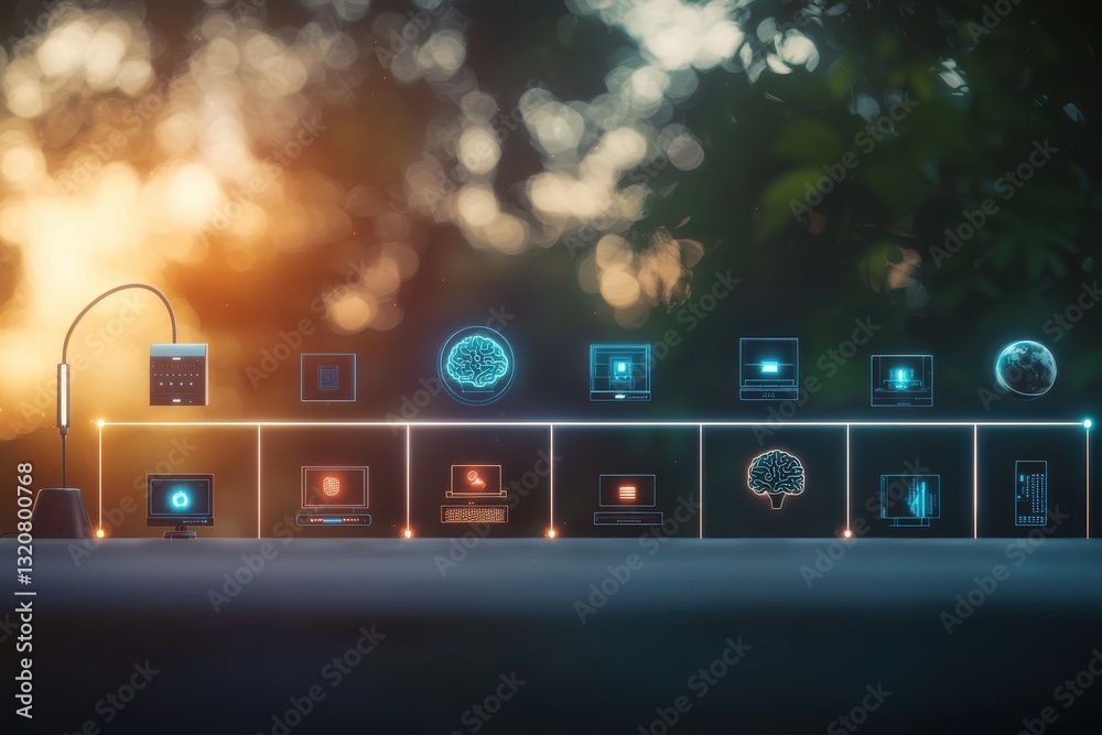 Poster abstract depiction of technological evolution with interconnected digital displays, showcasing the t