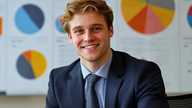 A businessman grinning while seated in front of a flip chart