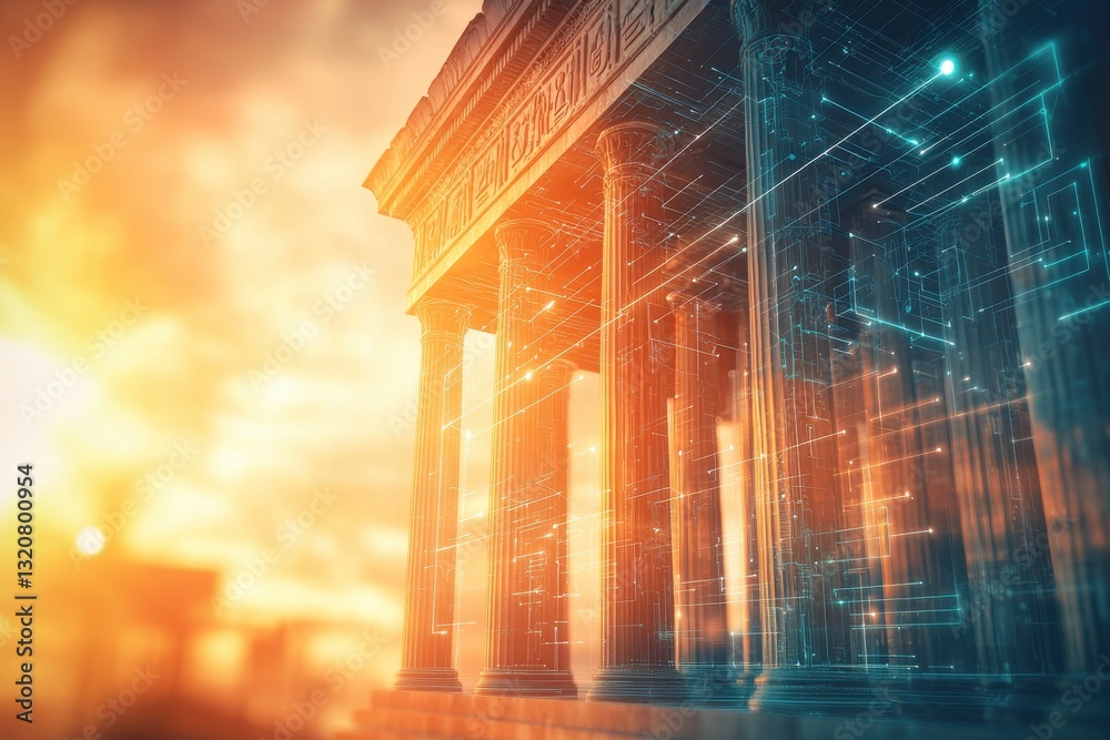 Poster a digital rendering of a historic building with glowing, futuristic circuit patterns overlayed upon 