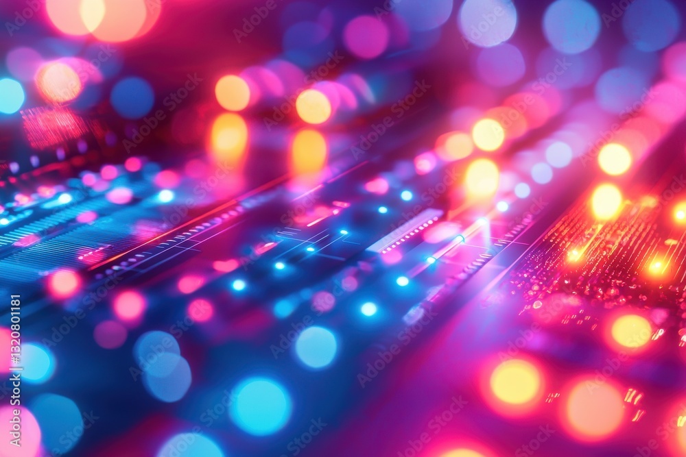 Poster an abstract close-up of a circuit board with vibrant bokeh lights, creating a mesmerizing and colorf