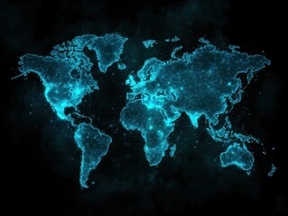 A glowing, digital representation of a world map, showcasing countries connected by bright lines against a dark background.