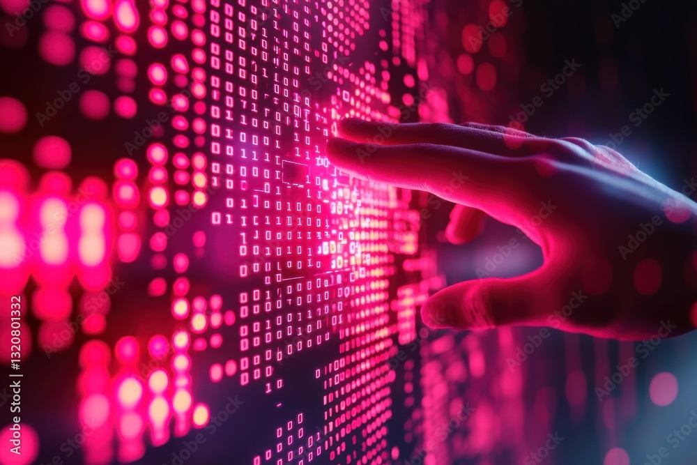 Poster hand interacting with a digital interface showing binary code in a pink hue, representing data proce