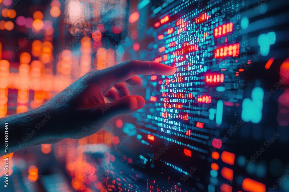 Poster close-up of a hand interacting with a digital interface filled with binary code in blue and red, ill