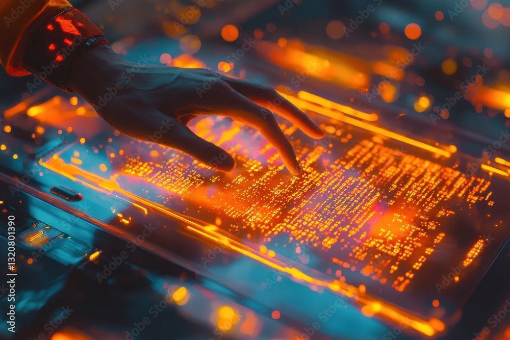 Poster human hand interacts with a glowing digital screen displaying complex code and circuit patterns, sym