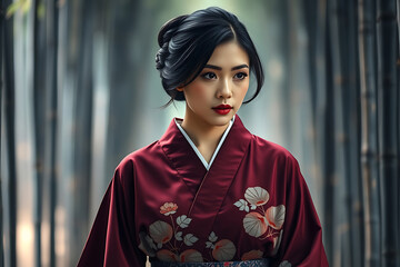 Fototapeta premium Chinese woman in a patterned kimono stock-image, gracefully walking through a serene bamboo forest, blending traditional