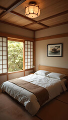 Japanese bedroom with wall art and screens