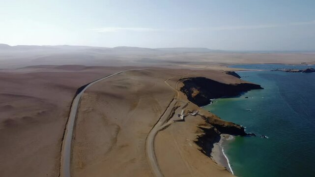 Aerial establishing of the Paracas National Reserve, with rugged cliffs and deep blue waters