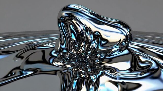 Chrome liquid sculpture morphing into dynamic abstract shapes in reflective environment