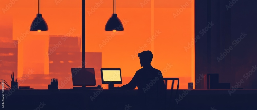 Poster A person working at a desk with a computer as the main focus