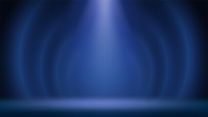 Spotlight blue stage background. Minimalist interior studio room illuminated by a spotlight. Backdrop displaying products, presentation, advertising. Showcase. Circular gradient. Vector illustration