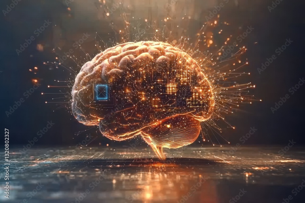 Poster a glowing human brain with circuitry and a processor, representing artificial intelligence and the c