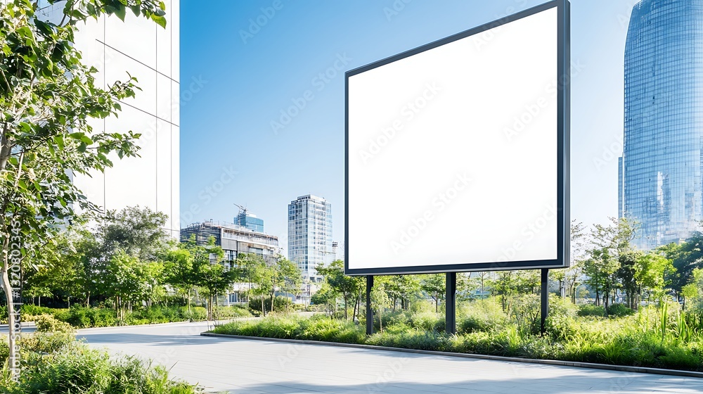 Aufkleber empty billboard in a green urban setting with modern buildings in the background.