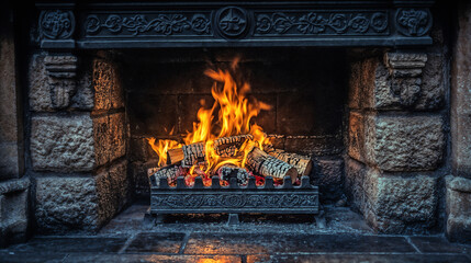Obraz premium A medieval style stone fireplace with fire. The fire is orange and yellow