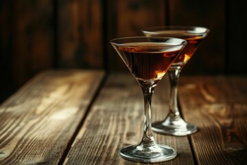 Chocolate Martini. Alcoholic Drink with Vodka and Dessert on Wooden Table