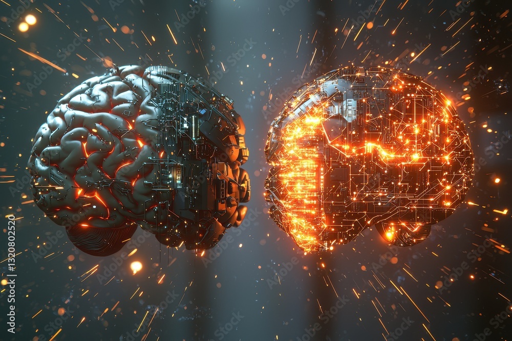 Poster two ai brains, one mechanical and the other illuminated with circuits, facing each other in a dynami