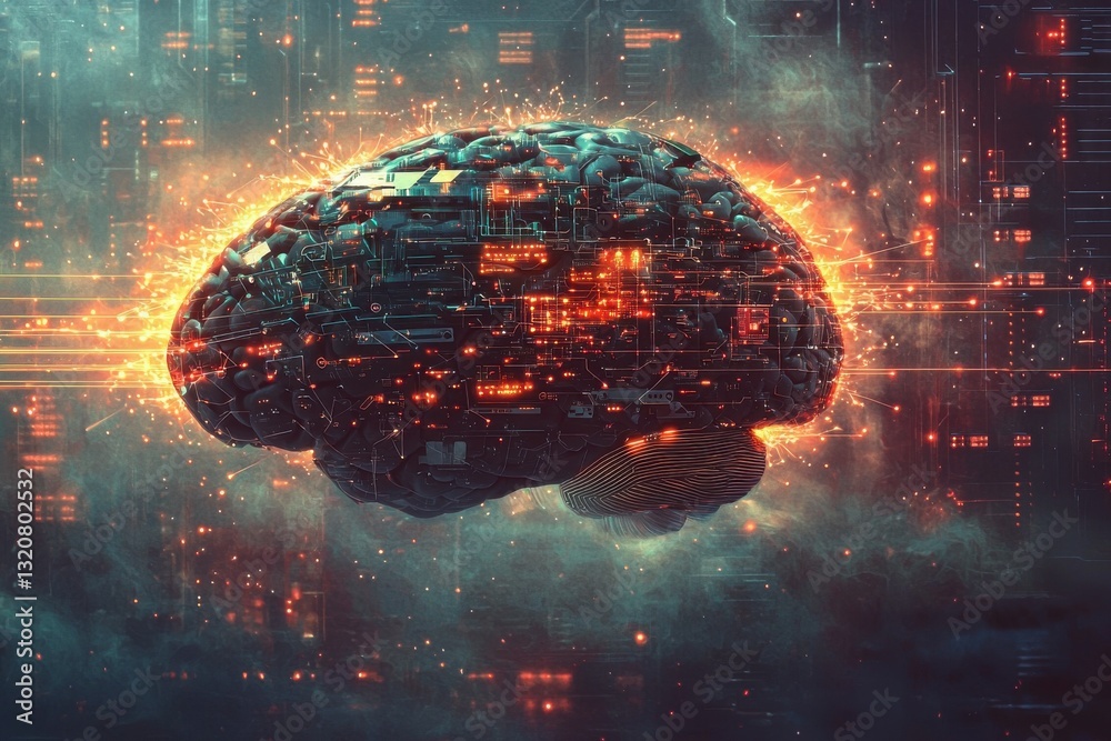 Poster conceptual image of an ai brain with intricate circuits and digital connections, glowing against a h