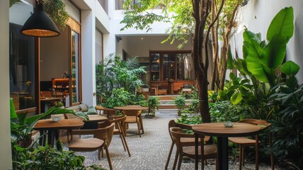 Fototapeta premium Chic Boutique Hotel Featuring a Cozy Caf? for Relaxing and Stylish Escapes