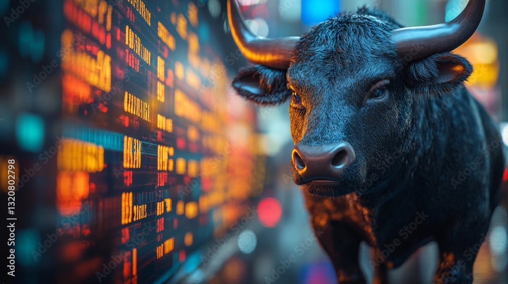 Poster a bull stands majestically near a vibrant stock market display filled with colorful numbers and grap