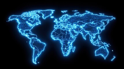 A glowing blue representation of the world map against a black background, highlighting geographical features and boundaries.