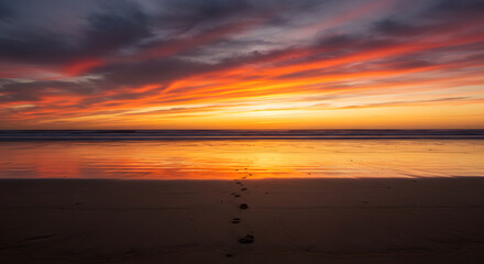 Obraz premium Sunset on the beach with the sun in the background and orange light