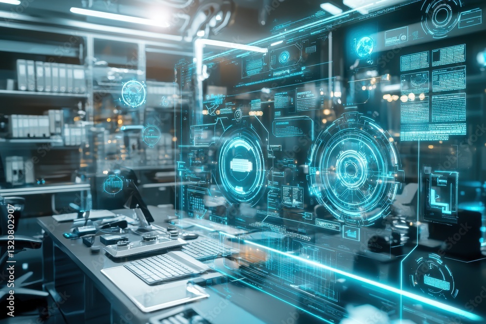 Aufkleber futuristic control center with holographic displays showing complex data, advanced technology interf