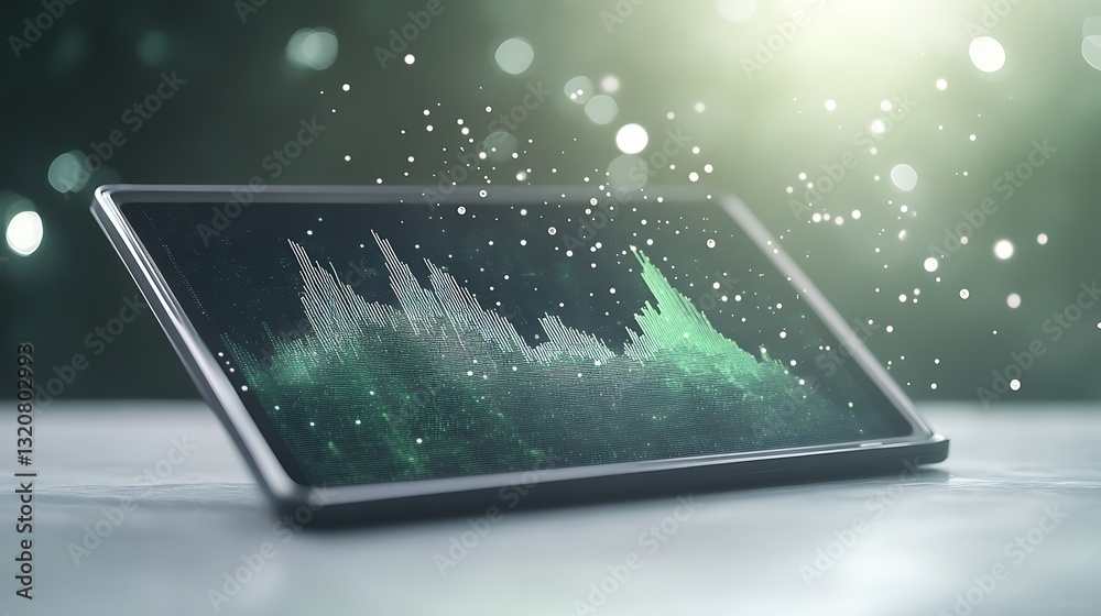 Aufkleber Digital sound wave visualization on a tablet with sparkling effects in a soft-lit environment.
