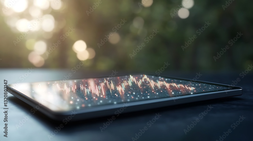 Poster A tablet displaying vibrant data visualizations in a serene outdoor setting.