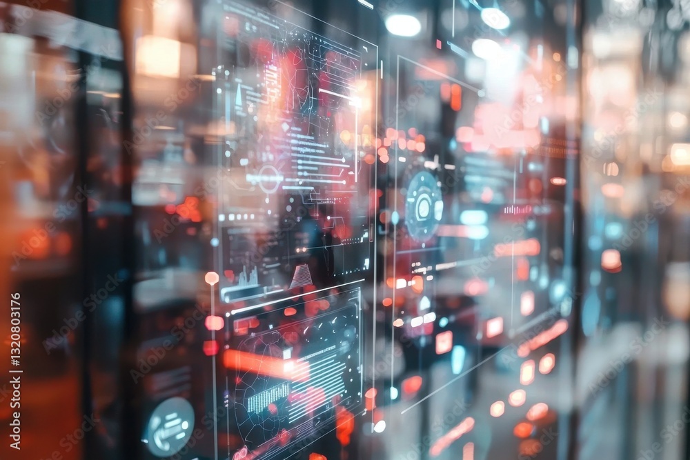 Poster abstract futuristic interface with glowing data points and complex network connections, symbolizing 