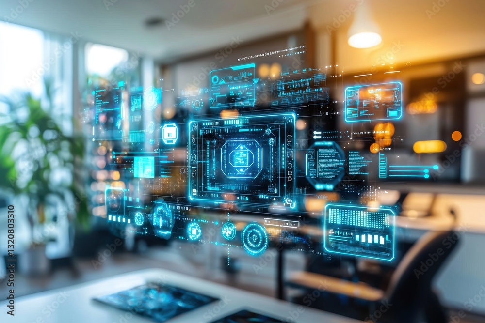 Aufkleber futuristic office space with holographic user interface displaying data analytics and digital inform