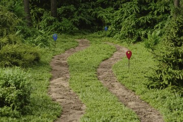 A scenic hiking trail map showcasing winding paths through lush landscapes, marked with colorful pins indicating points of interest.