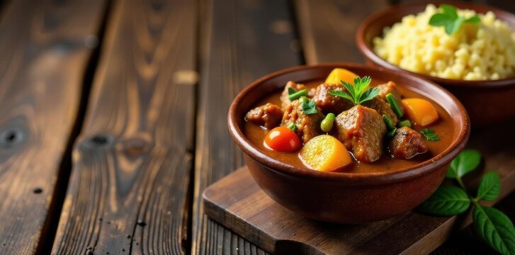 Amala, ewedu, assorted meat stew in rustic ceramic bowls Wooden background , colorful, aroma, texture