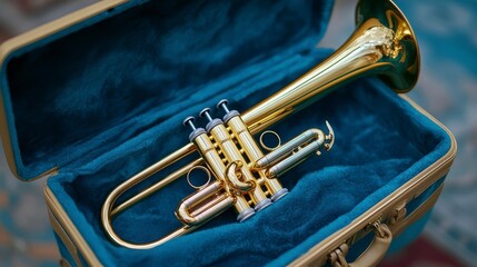 Obraz premium Elegant Gold Trumpet in Soft Blue Velvet Lined Case