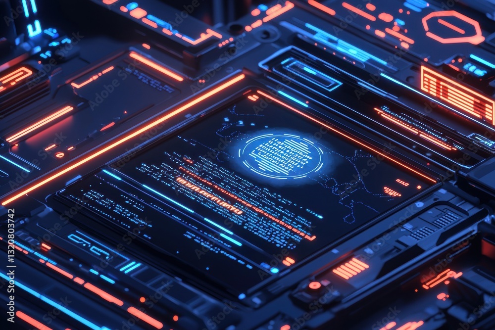 Poster an intricate close-up of a futuristic circuit board with glowing neon patterns, displaying complex d