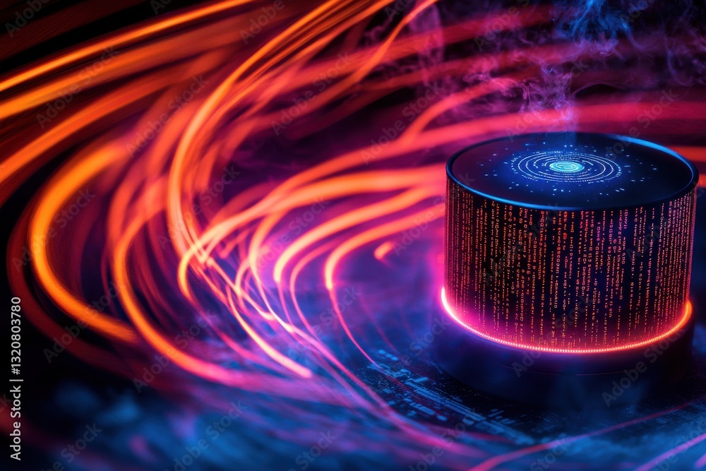 Poster a striking abstract of data processing and energy flow, featuring glowing red streaks around a futur
