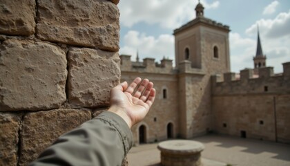Open Hand Reaching Towards Historic Castle Walls and Towers Under Blue Sky with White Clouds