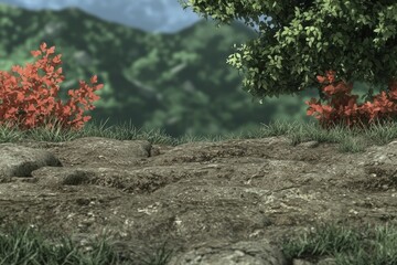 An intricate hiking route map with detailed elevation lines and vibrant colors, set against a top-down view of nature.