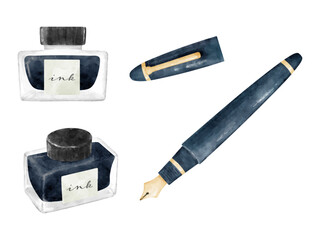 水彩画風の万年筆とインクのイラストセット