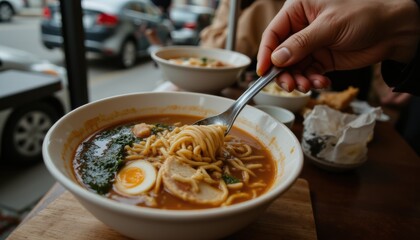Delicious bowl of ramen with eggs, noodles, and toppings enjoyed at a cozy restaurant setting