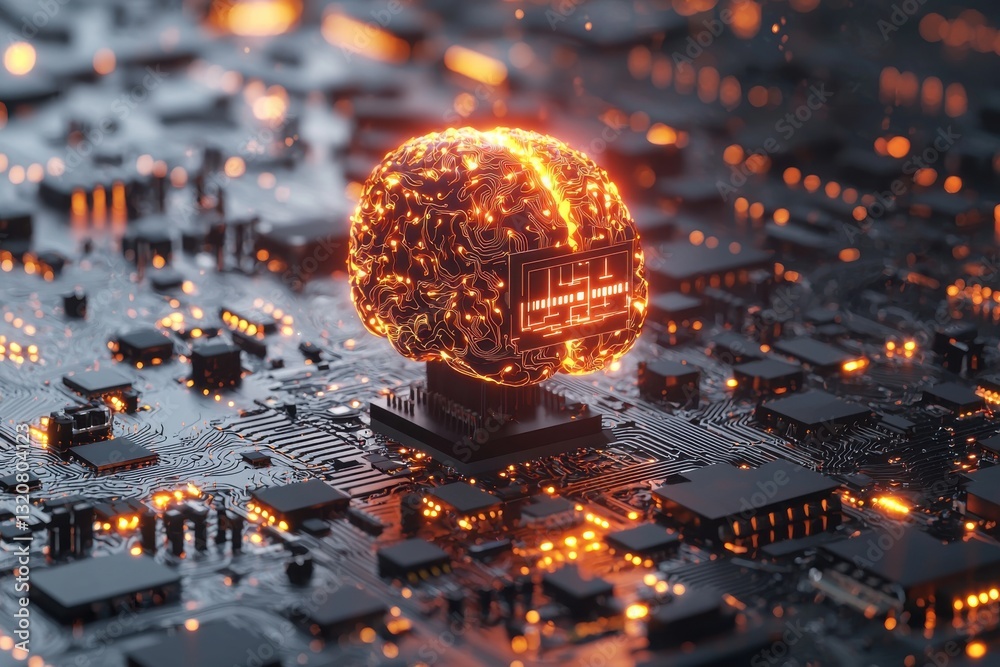 Poster artificial intelligence concept, a luminous brain hovering over a complex circuit board, symbolizing