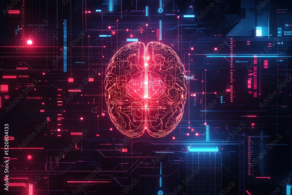 Poster artificial intelligence brain connections and data processing with futuristic technology in a digita